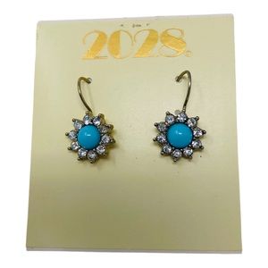 White Crystal Turquoise Earrings Flower Dangle Shepherd Hook Gold-tone
